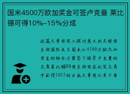 国米4500万欧加奖金可签卢克曼 莱比锡可得10%-15%分成