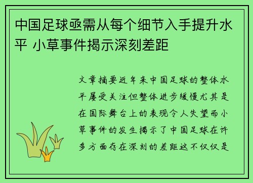 中国足球亟需从每个细节入手提升水平 小草事件揭示深刻差距