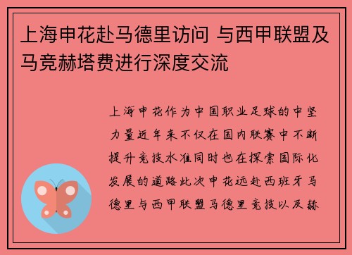 上海申花赴马德里访问 与西甲联盟及马竞赫塔费进行深度交流 上海申花赴马德里访问 与西甲联盟及马竞赫塔费进行深度交流