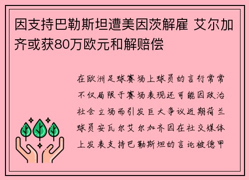 因支持巴勒斯坦遭美因茨解雇 艾尔加齐或获80万欧元和解赔偿